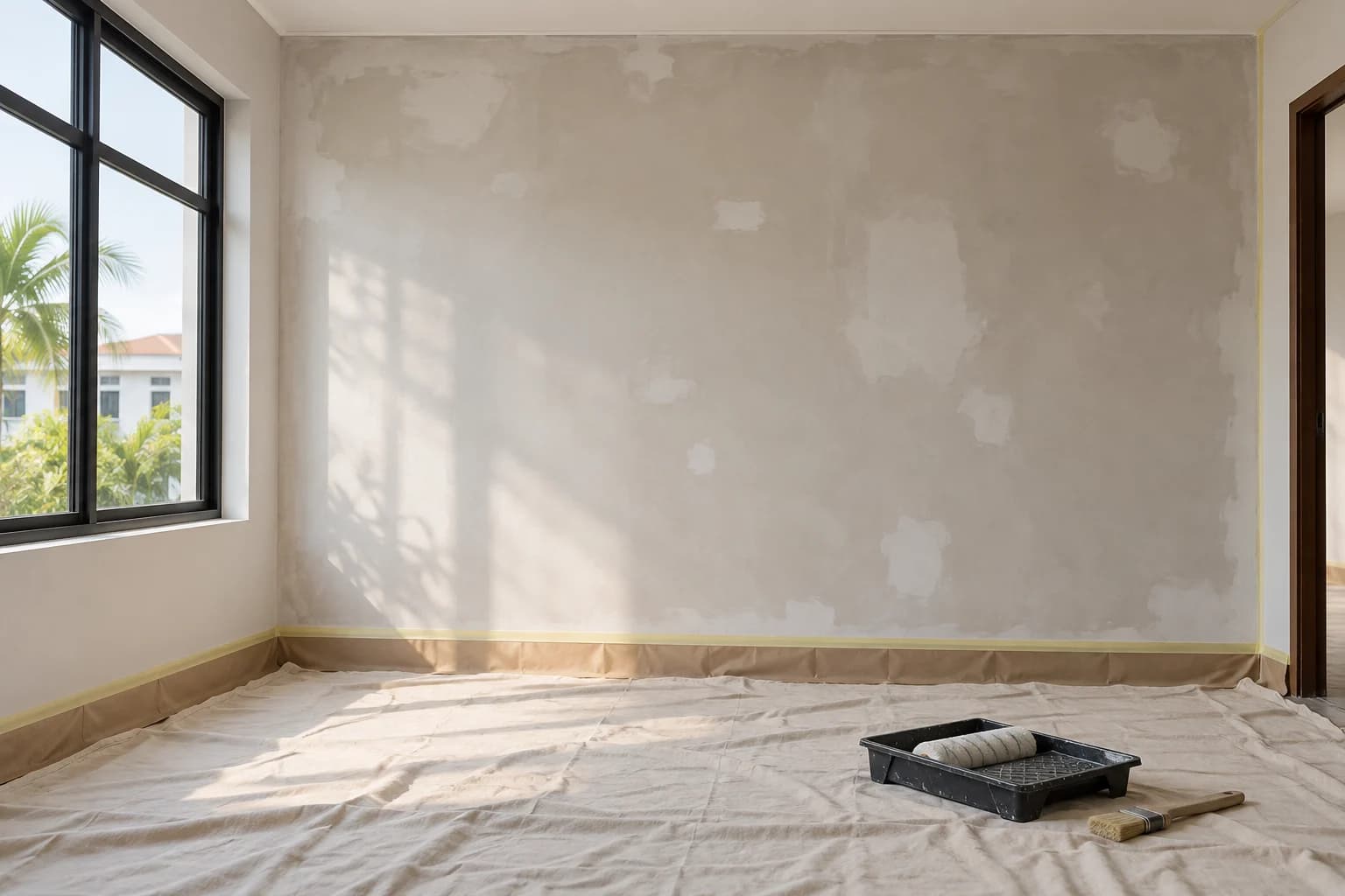 Minh họa chuẩn bị nền và dụng cụ trước khi sơn tường