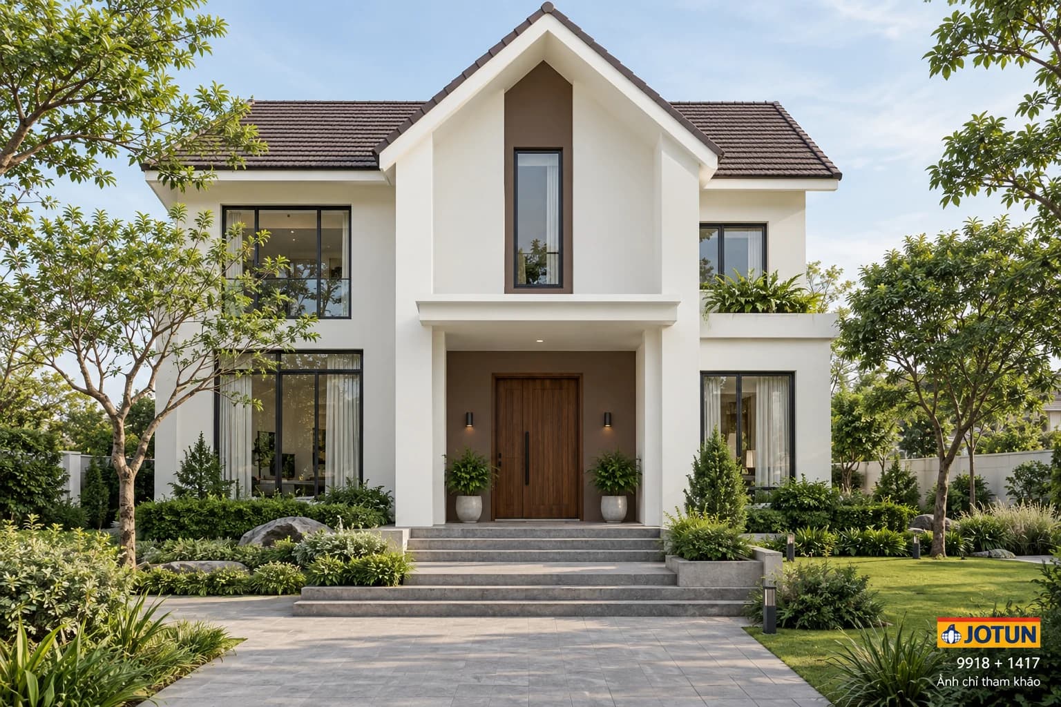 9918 Trắng Sứ phối 1417: sắc nâu nối mái nhà với cửa gỗ — phối cảnh ngoại thất tham khảo