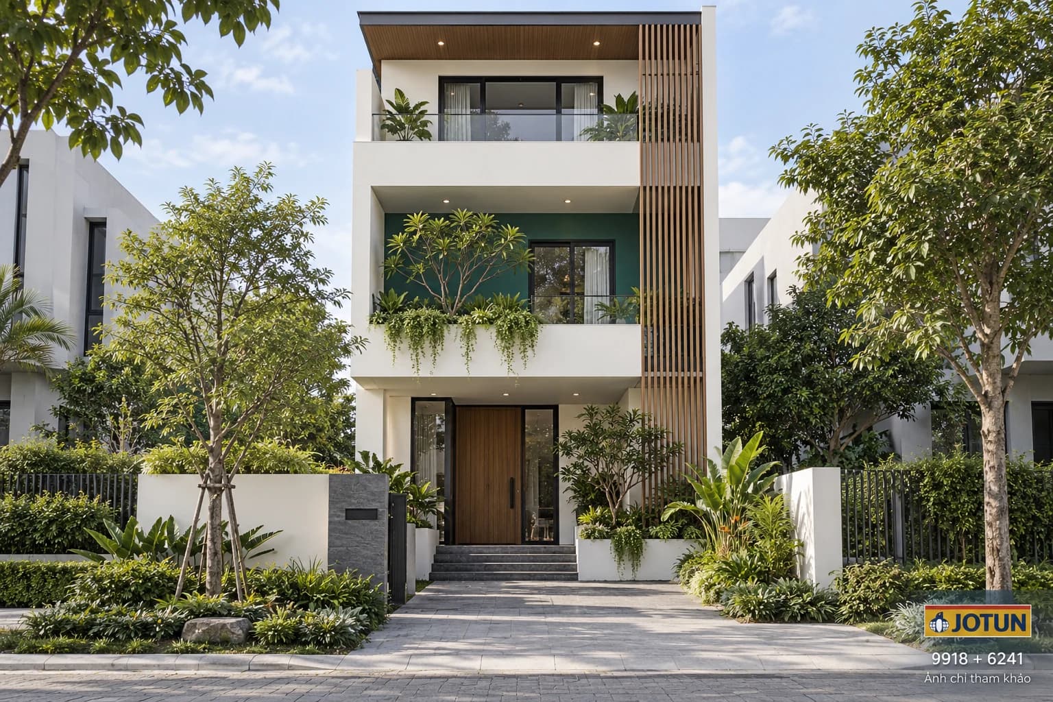 9918 Trắng Sứ phối 6241: cây xanh có nền, nhà trắng có nhịp — phối cảnh ngoại thất tham khảo