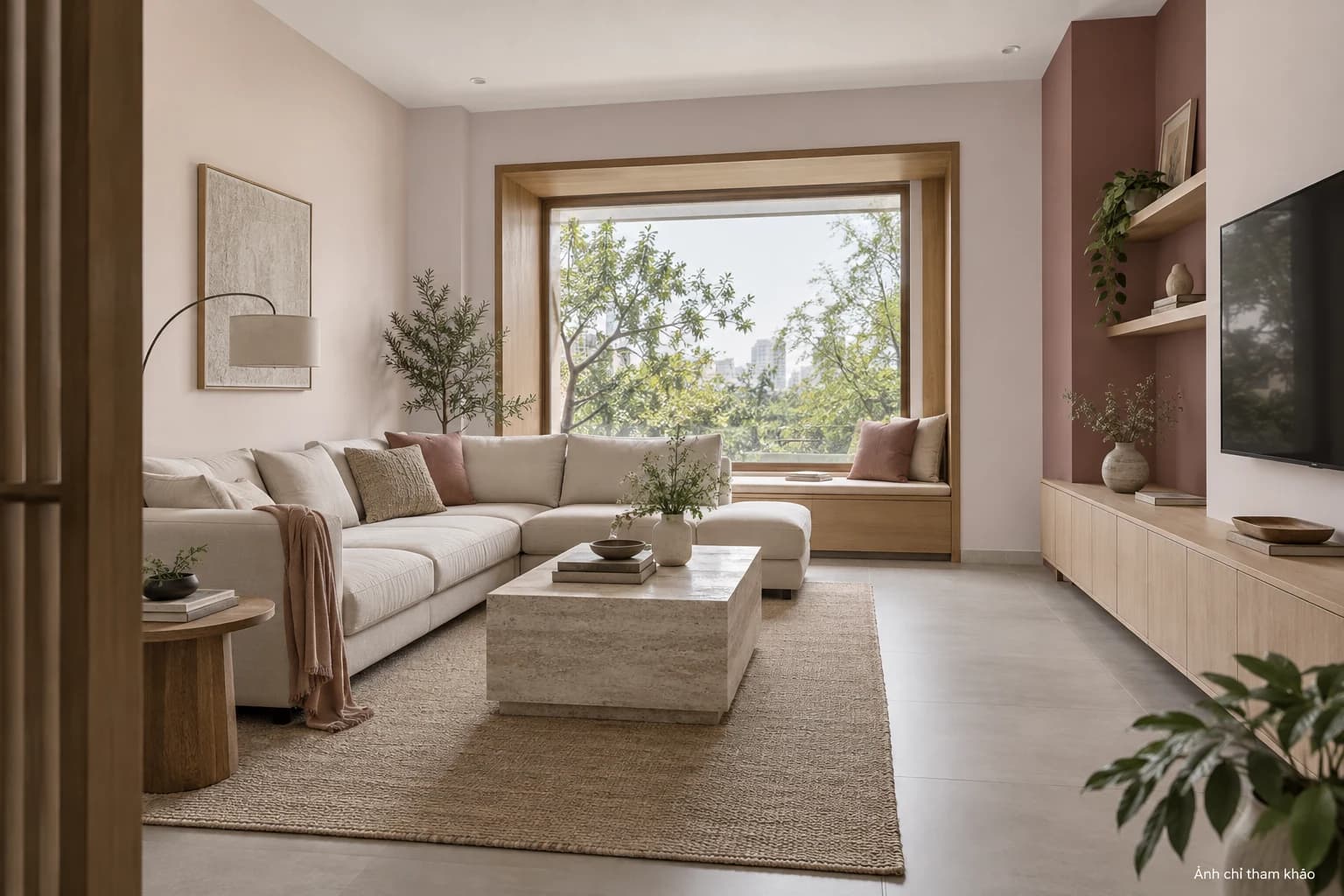 Jotun S 0804-Y70R — Phòng khách cửa sổ lồi — sofa chữ L và bàn đá. Nội thất. Ảnh chỉ tham khảo; không xác nhận màu sơn thực tế.