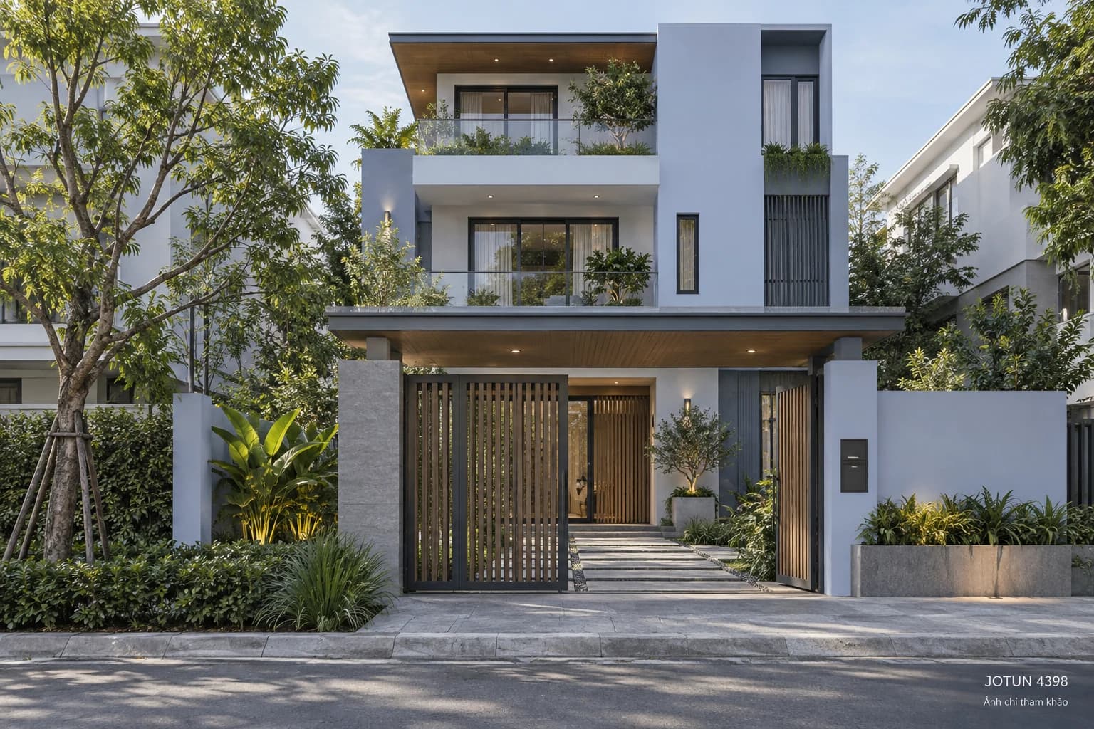 Jotun 4398 — Nhà phố có khoảng lùi xanh. Ngoại thất. Ảnh chỉ tham khảo; không xác nhận màu sơn thực tế.