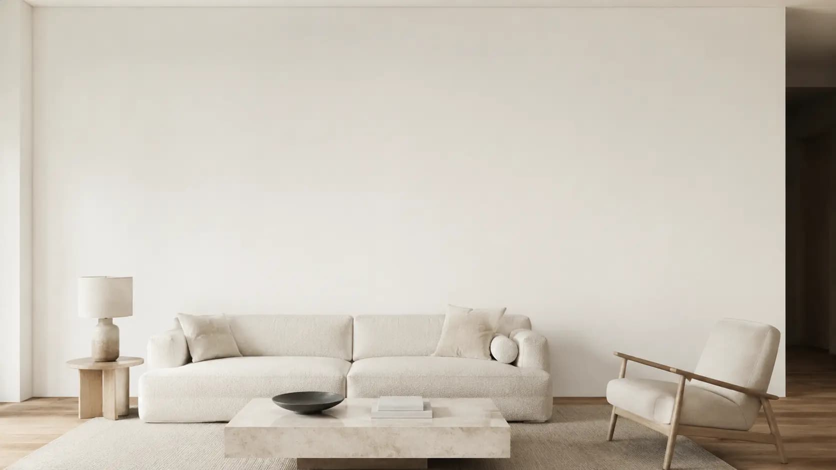 Phòng khách tông sáng với sofa vải, đồ gỗ và tường nền trung tính