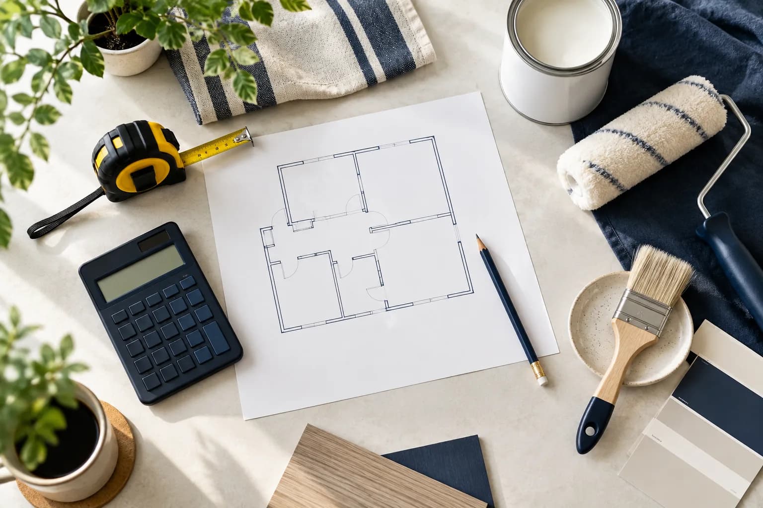Thước dây, bản phác mặt bằng, máy tính và dụng cụ sơn trên bàn