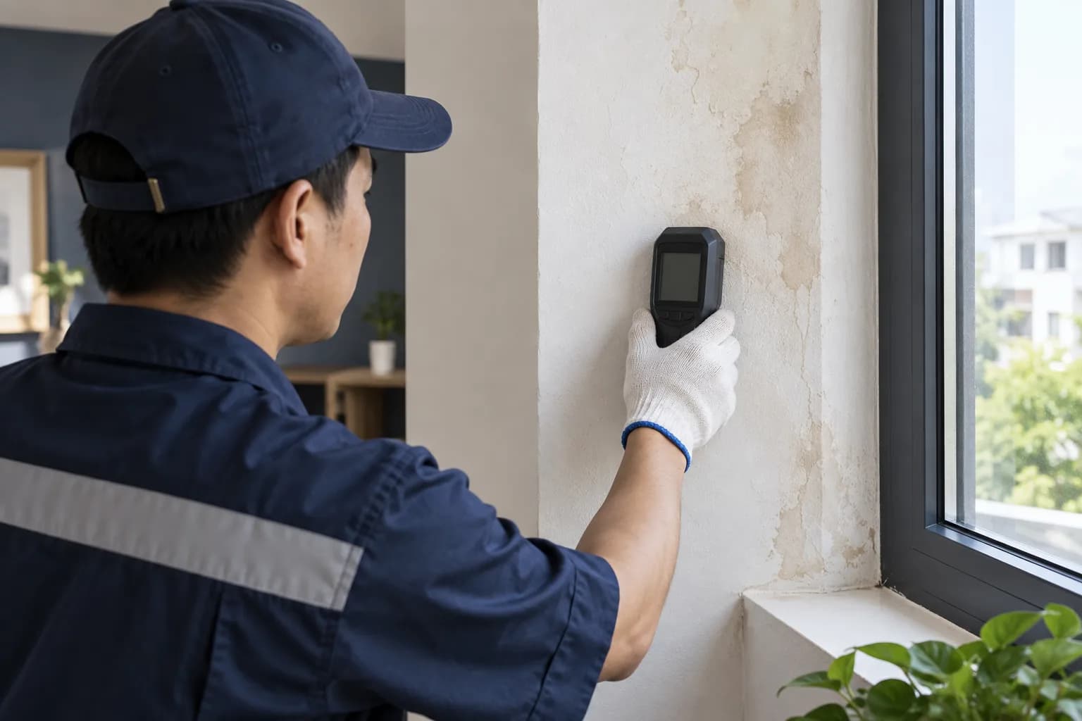 Minh họa kiểm tra tường có vệt ẩm cạnh cửa bằng thiết bị đo