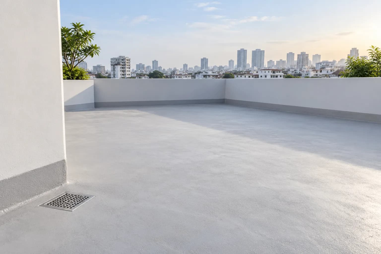 Sân thượng với miệng thoát nước và vị trí tiếp giáp chân tường