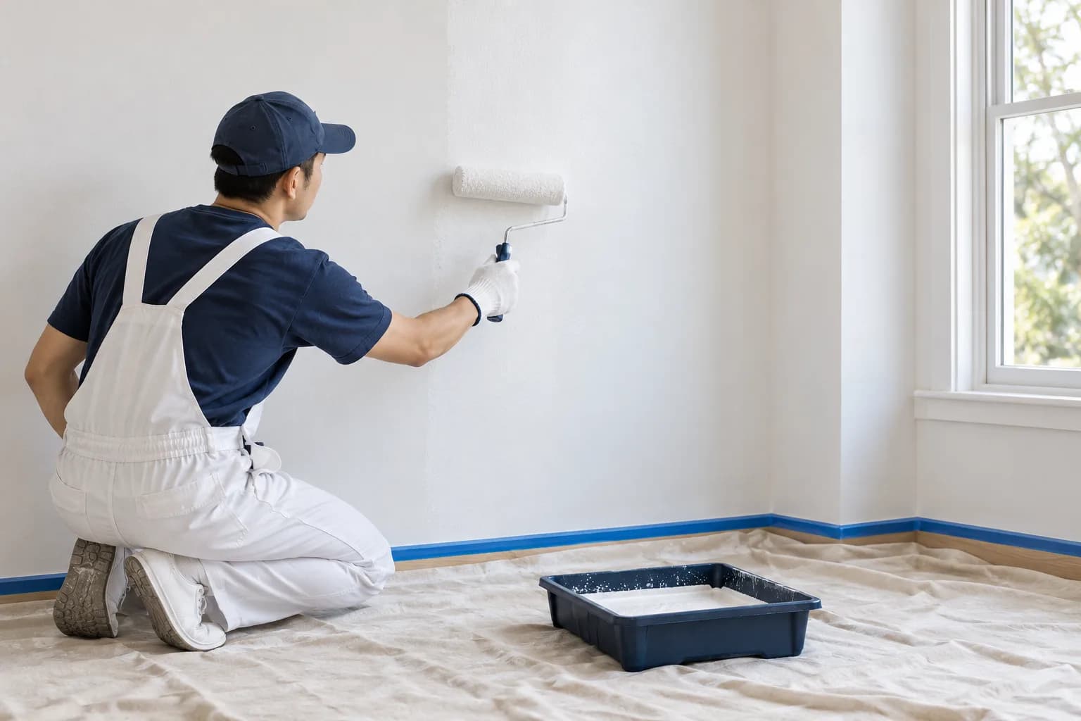 Thợ lăn lớp sơn trắng trên tường đã chuẩn bị, sàn được che chắn