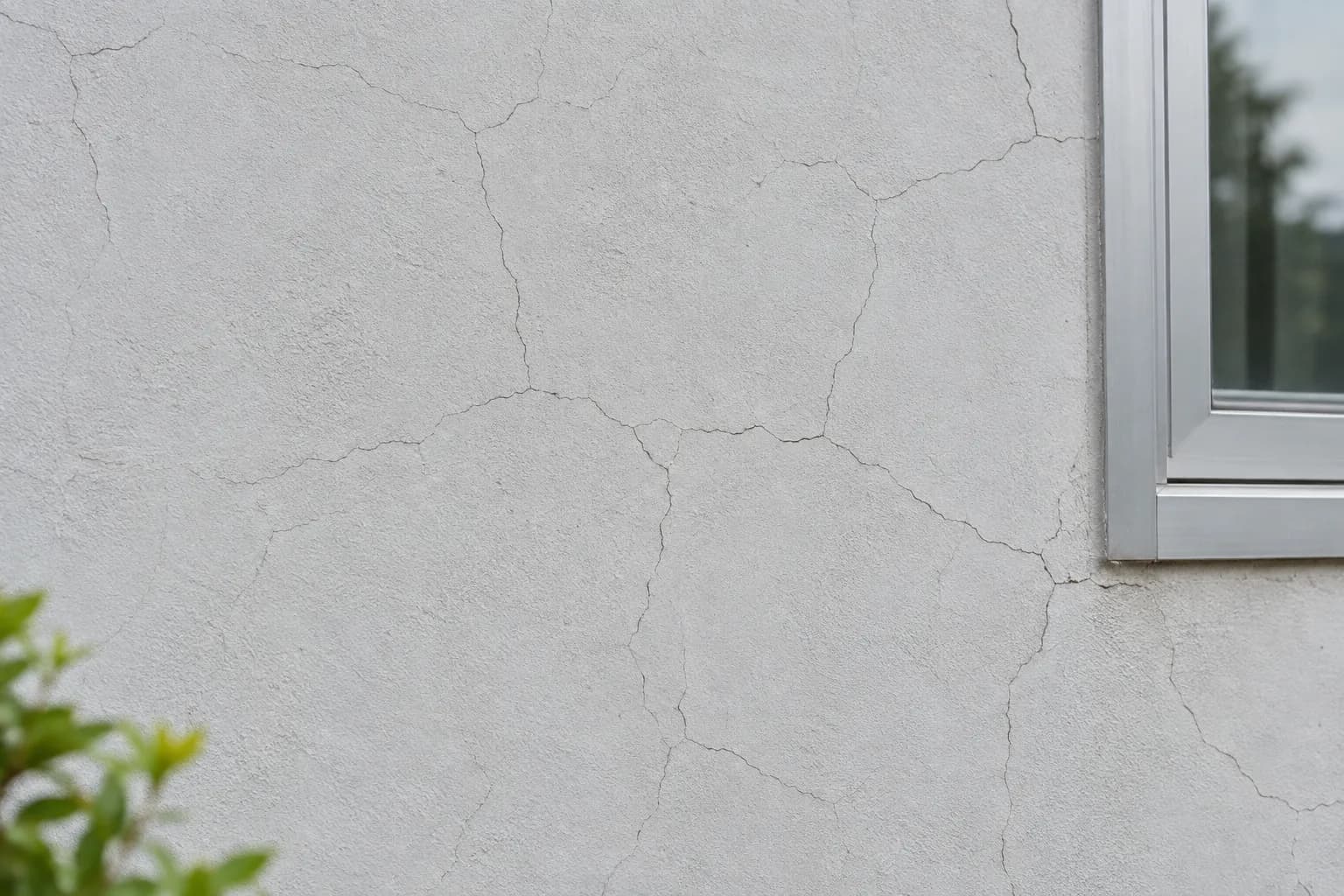 Các vết nứt nhỏ phân nhánh trên bề mặt tường ngoài gần khung cửa