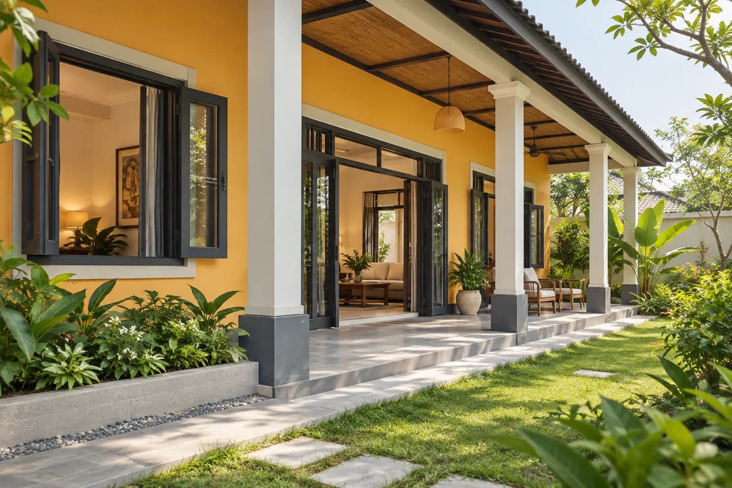 Phối cảnh AI gợi ý bố cục nhà có hiên mở ra vườn. Màu ảnh tham khảo, cần đối chiếu mẫu KOVA AP101-4.