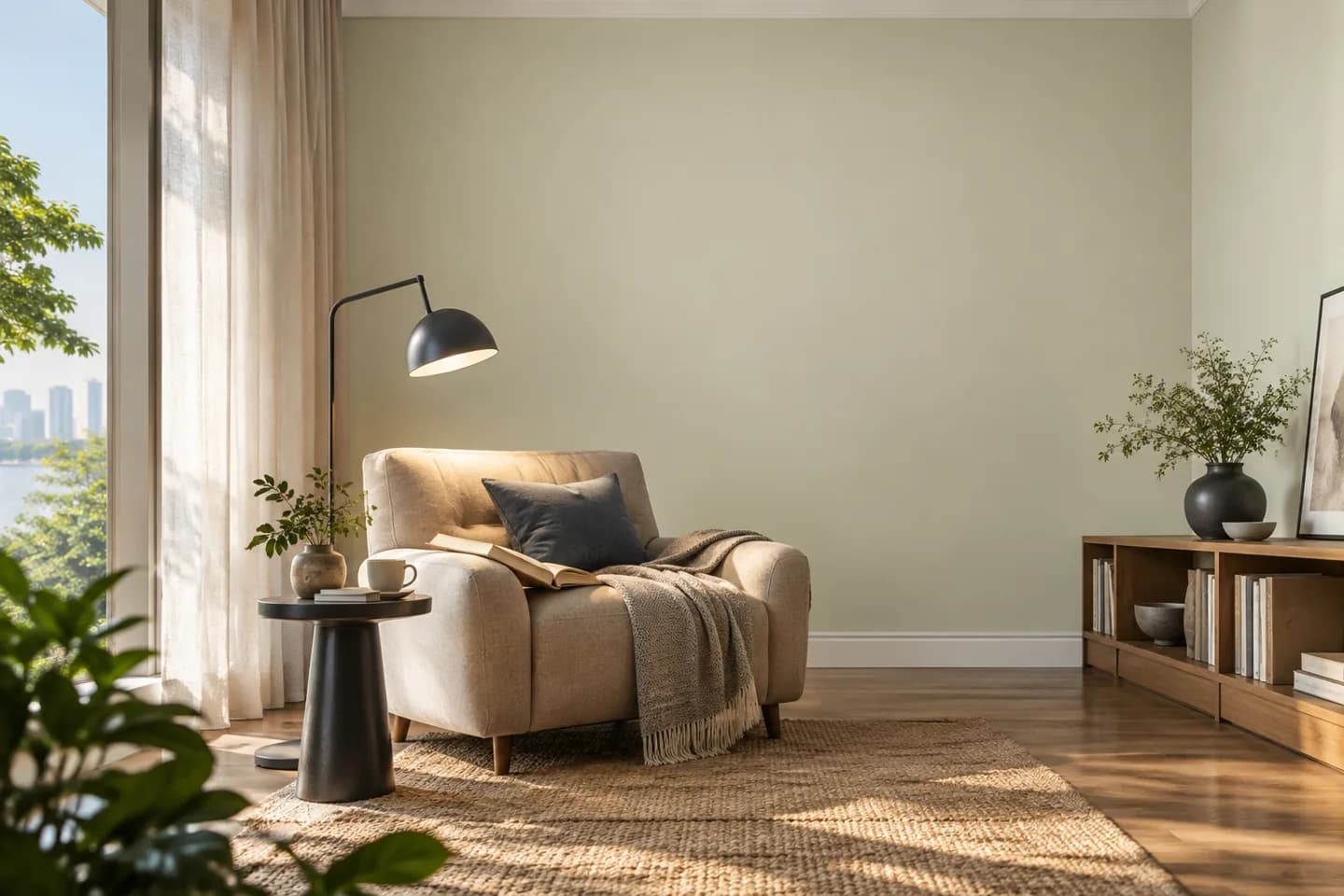 Phối cảnh AI gợi ý bố cục góc đọc bên cửa sổ. Màu ảnh tham khảo, cần đối chiếu mẫu KOVA AP13-3.