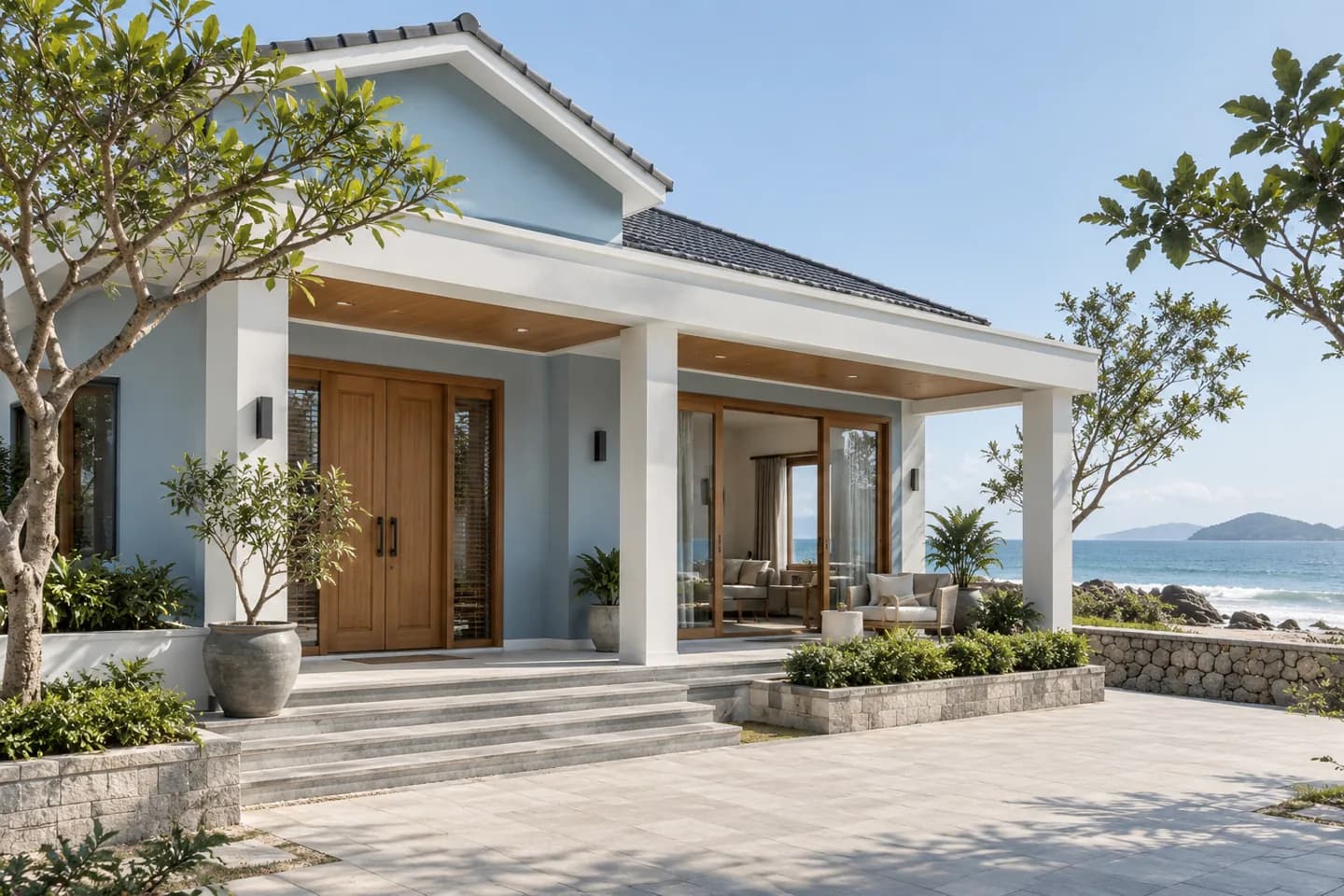 Phối cảnh AI gợi ý bố cục nhà ven biển theo phong cách nhẹ. Màu ảnh tham khảo, cần đối chiếu mẫu KOVA AP131-2.