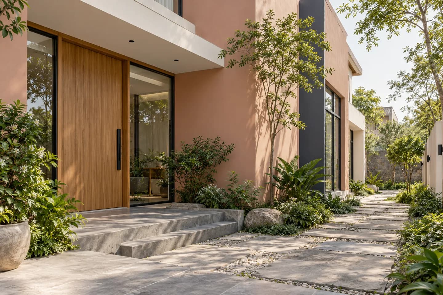Phối cảnh AI gợi ý bố cục nhà có lối đi đá. Màu ảnh tham khảo, cần đối chiếu mẫu KOVA AP143-2.