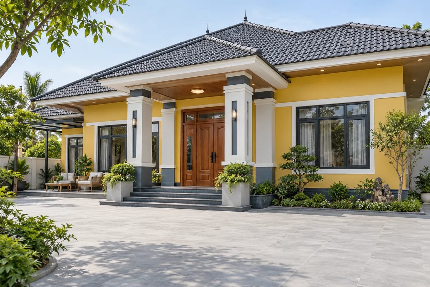 Phối cảnh AI gợi ý bố cục nhà mái nhật có sân. Màu ảnh tham khảo, cần đối chiếu mẫu KOVA AP153-1.