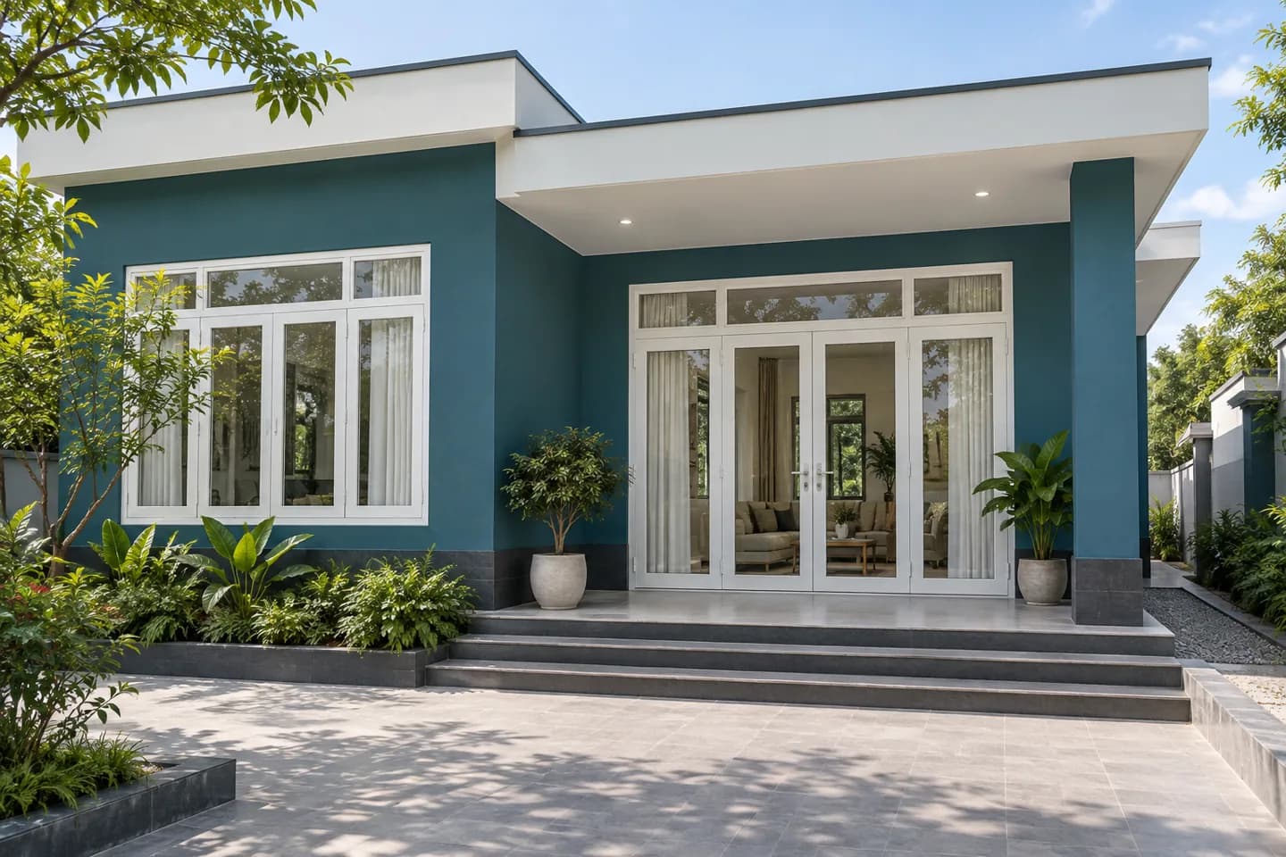 Phối cảnh AI gợi ý bố cục nhà một tầng khung cửa trắng. Màu ảnh tham khảo, cần đối chiếu mẫu KOVA AP161-3.