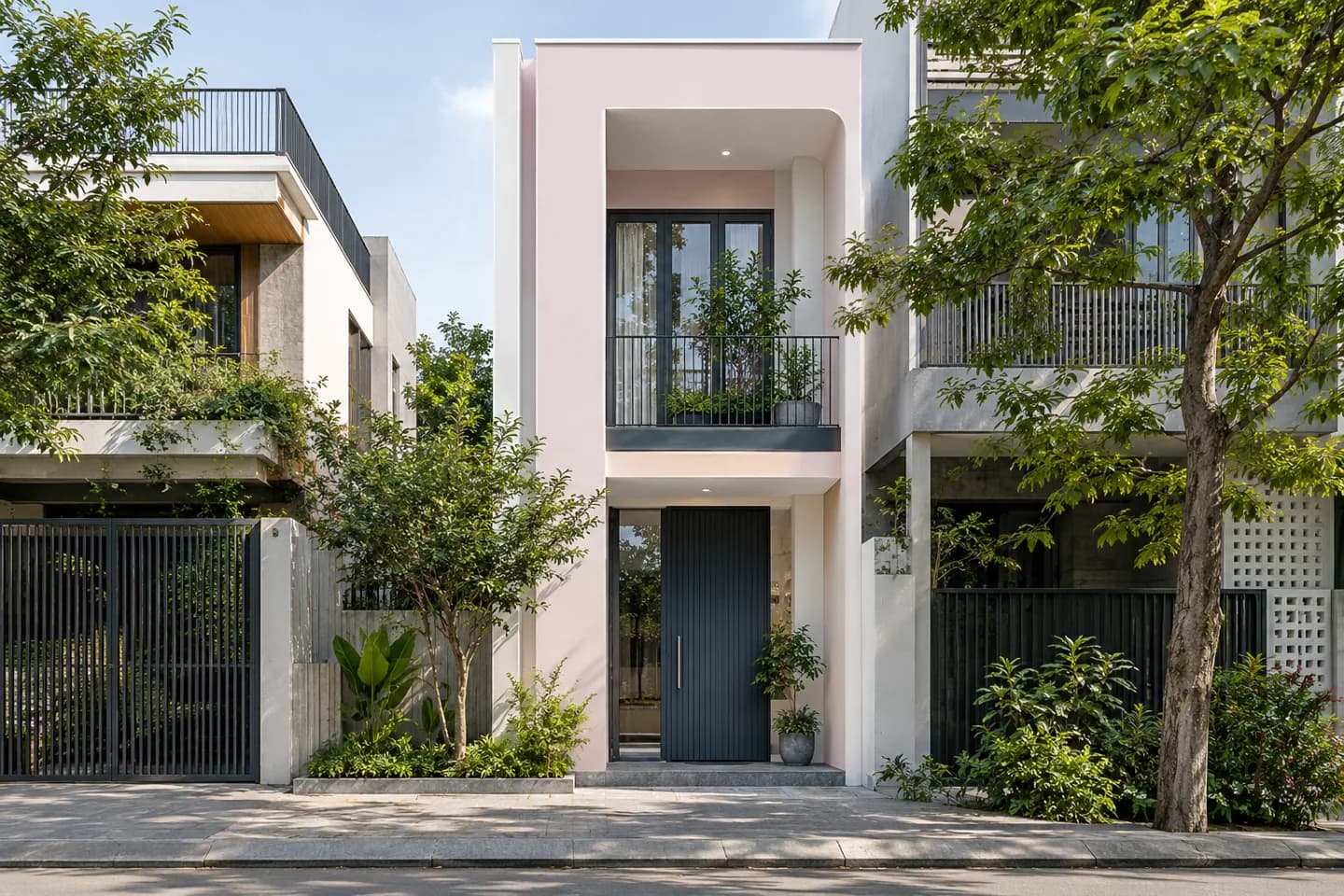 Phối cảnh AI gợi ý bố cục nhà phố mặt tiền hẹp. Màu ảnh tham khảo, cần đối chiếu mẫu KOVA AP17-4.