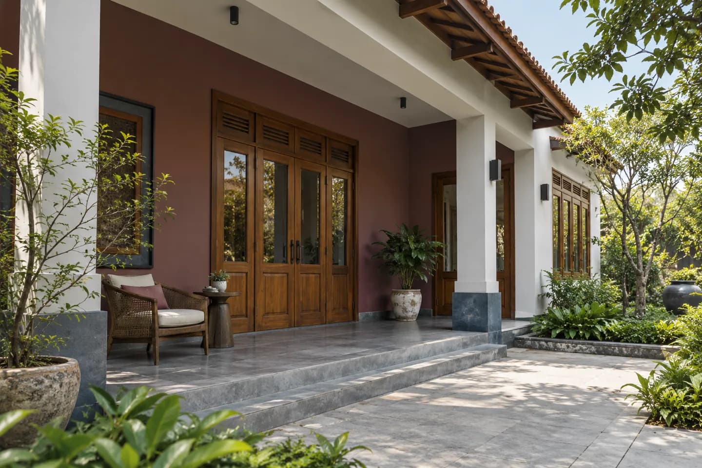 Phối cảnh AI gợi ý bố cục nhà có hiên sâu và cửa gỗ. Màu ảnh tham khảo, cần đối chiếu mẫu KOVA AP170-4.