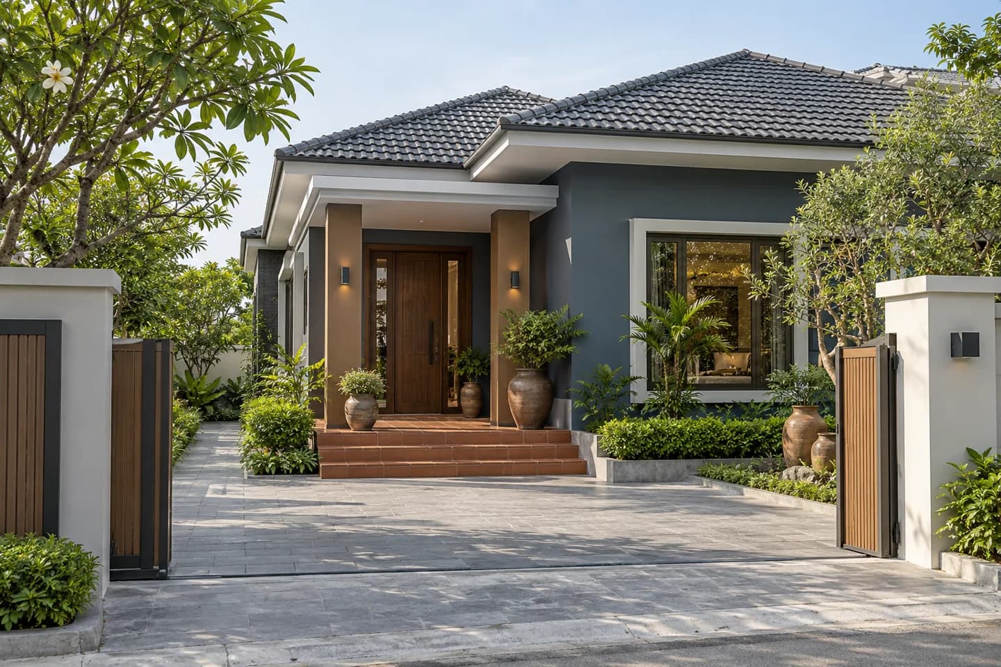 Phối cảnh AI gợi ý bố cục nhà vườn có sảnh nhỏ. Màu ảnh tham khảo, cần đối chiếu mẫu KOVA AP171-3.