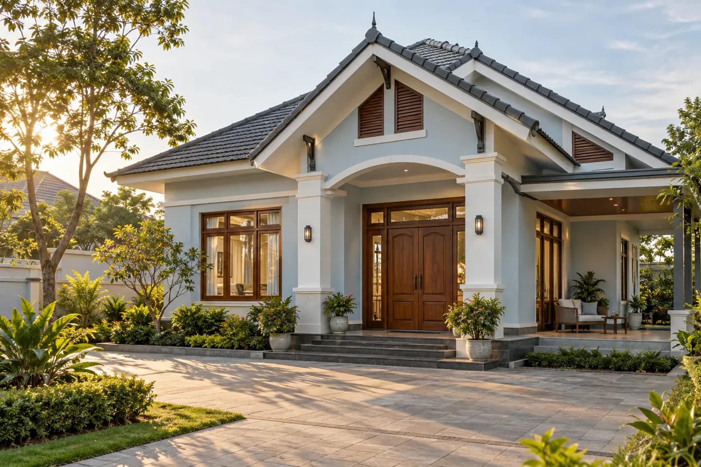 Phối cảnh AI gợi ý bố cục nhà mái thái có cửa gỗ. Màu ảnh tham khảo, cần đối chiếu mẫu KOVA AP18-4.