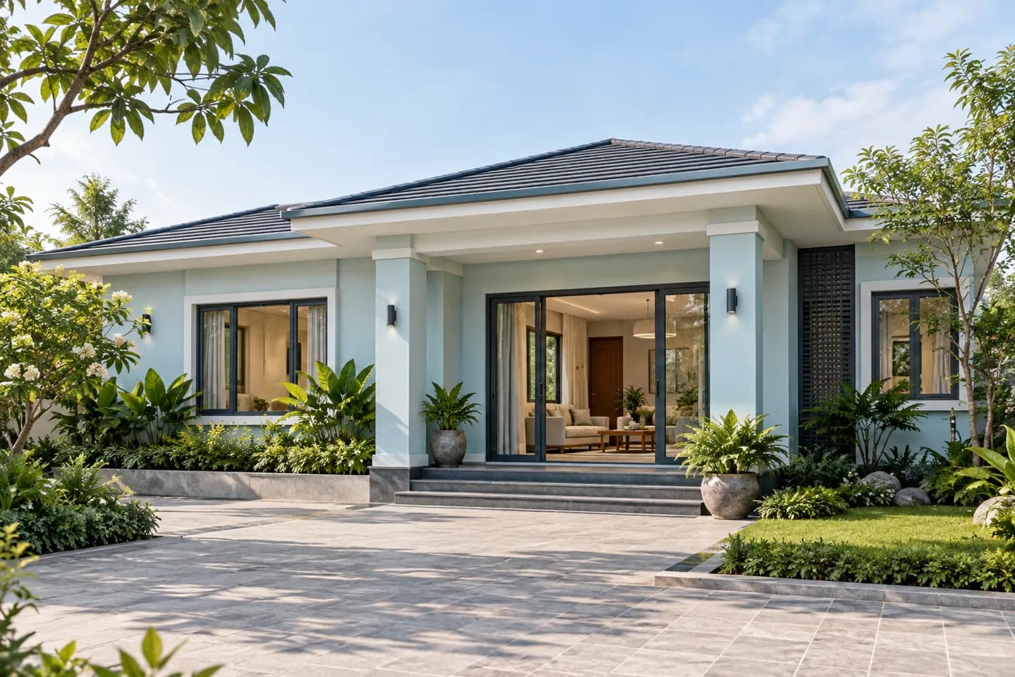 Phối cảnh AI gợi ý bố cục nhà vườn mái thấp. Màu ảnh tham khảo, cần đối chiếu mẫu KOVA AP19-4.