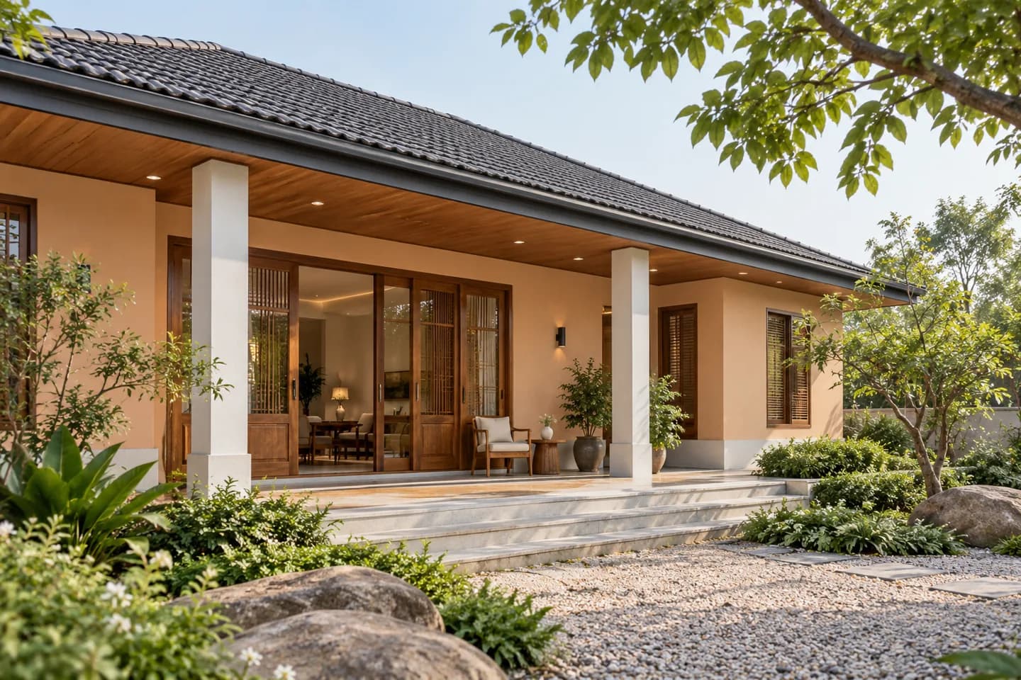 Phối cảnh AI gợi ý bố cục nhà vườn khối ngang. Màu ảnh tham khảo, cần đối chiếu mẫu KOVA AP35-2.