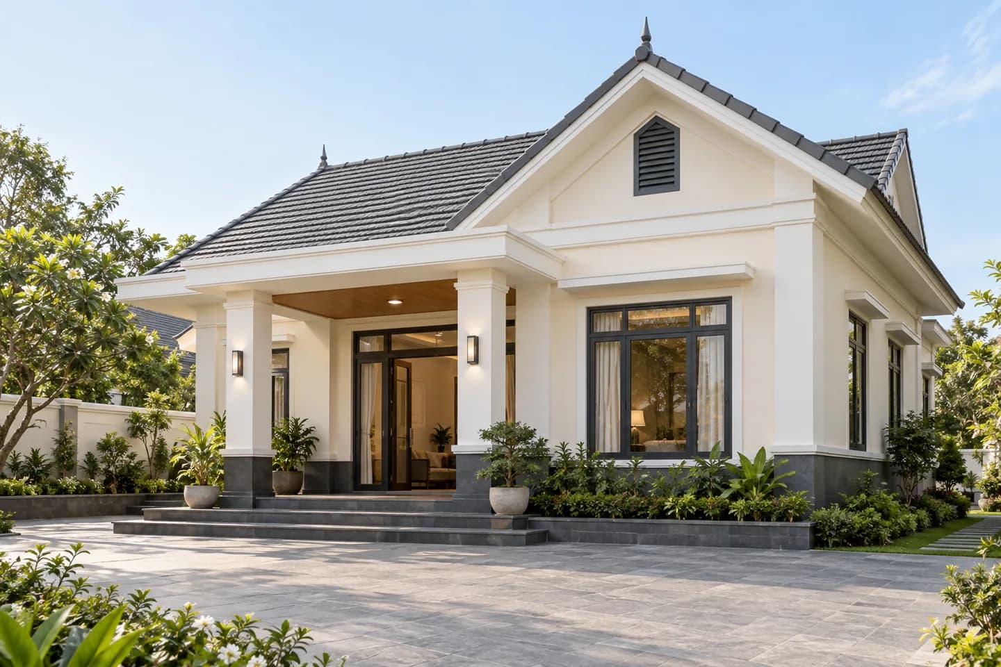 Phối cảnh AI gợi ý bố cục nhà một tầng mái thái. Màu ảnh tham khảo, cần đối chiếu mẫu KOVA AP5-1.