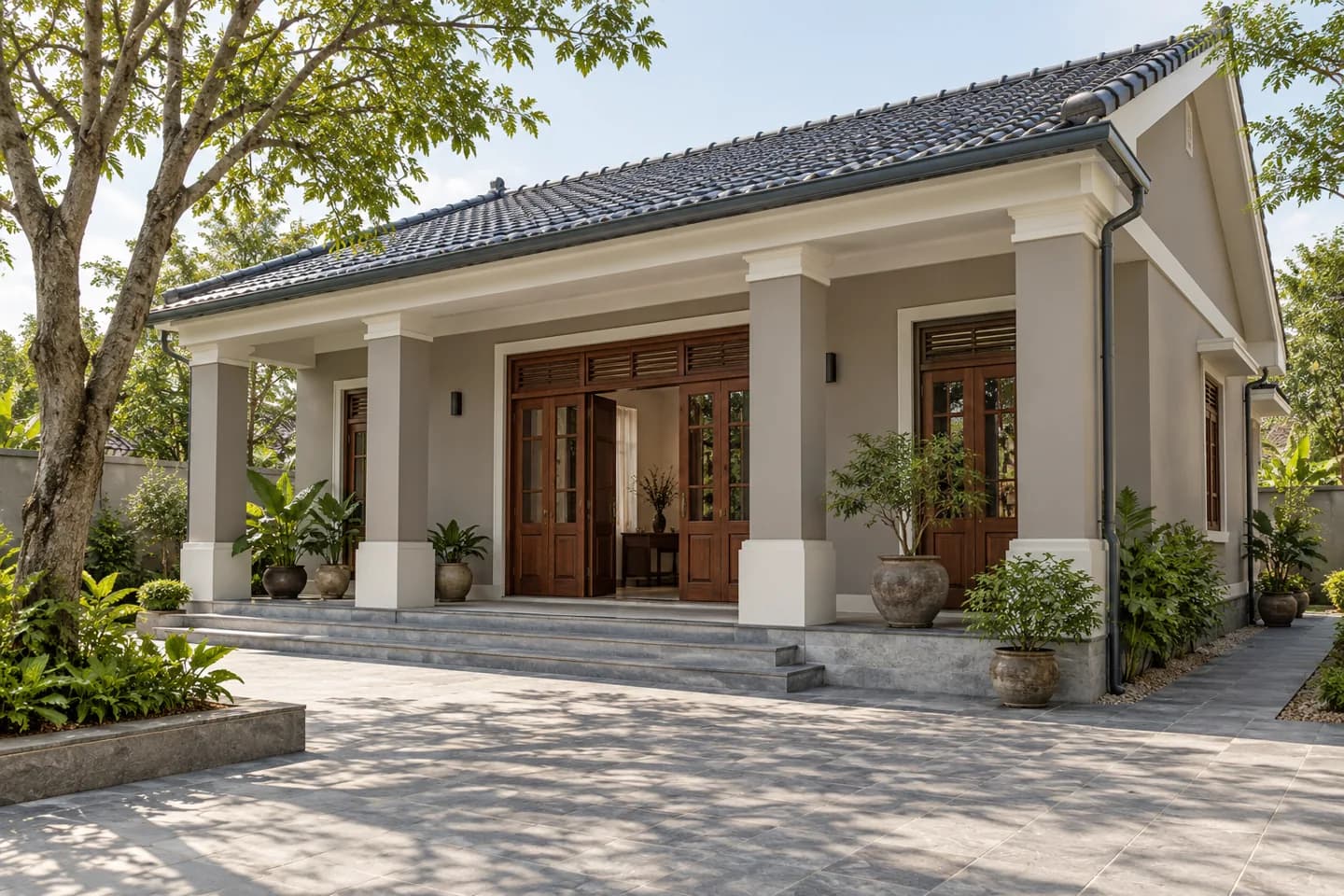 Phối cảnh AI gợi ý bố cục nhà một tầng truyền thống. Màu ảnh tham khảo, cần đối chiếu mẫu KOVA AP53-4.