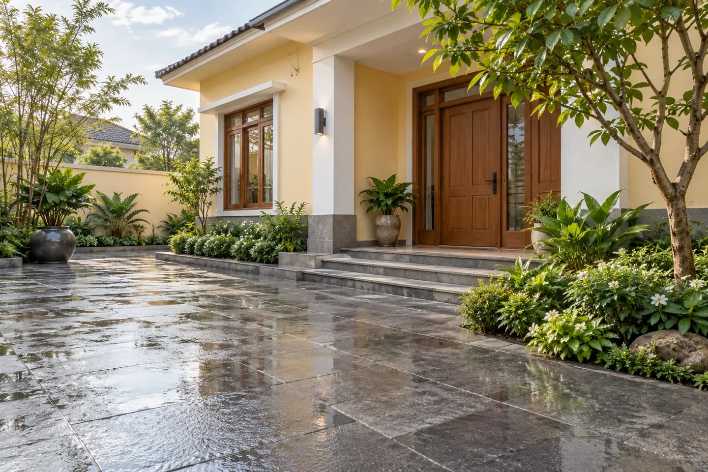 Phối cảnh AI gợi ý bố cục nhà có sân lát đá. Màu ảnh tham khảo, cần đối chiếu mẫu KOVA AP59-2.