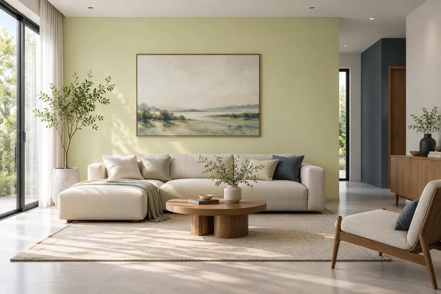 Phối cảnh AI gợi ý bố cục phòng khách ít đồ. Màu ảnh tham khảo, cần đối chiếu mẫu KOVA AP62-1.