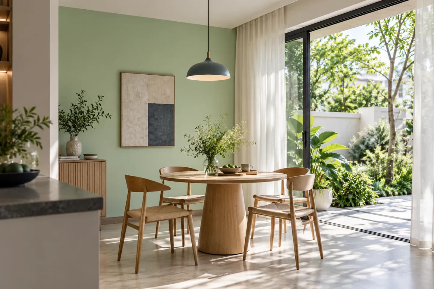 Phối cảnh AI gợi ý bố cục góc ăn sáng. Màu ảnh tham khảo, cần đối chiếu mẫu KOVA AP68-2.