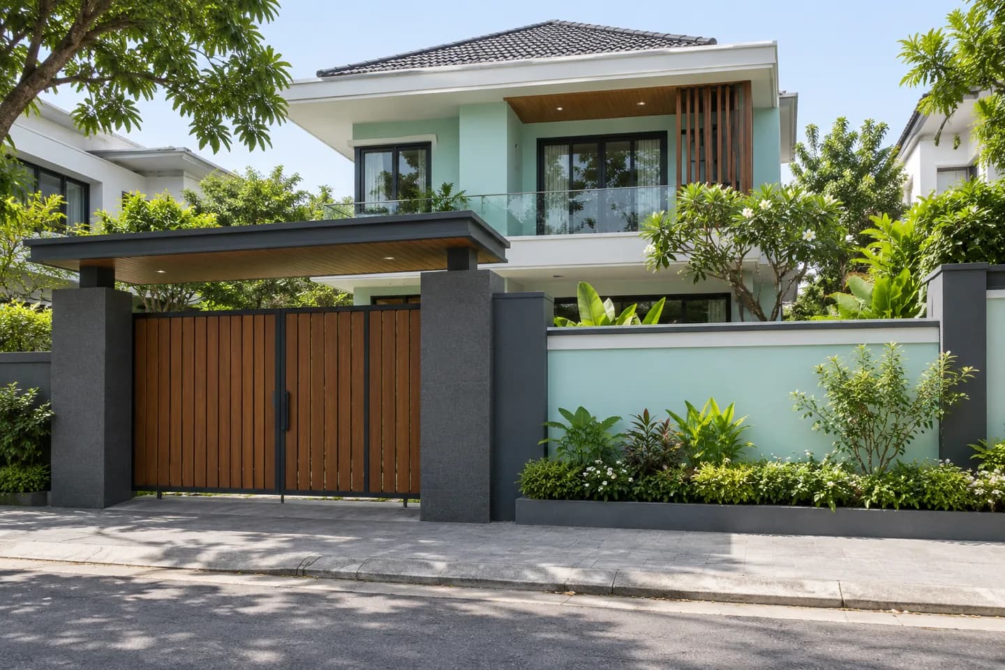 Phối cảnh AI gợi ý bố cục nhà có tường rào xây. Màu ảnh tham khảo, cần đối chiếu mẫu KOVA AP71-2.