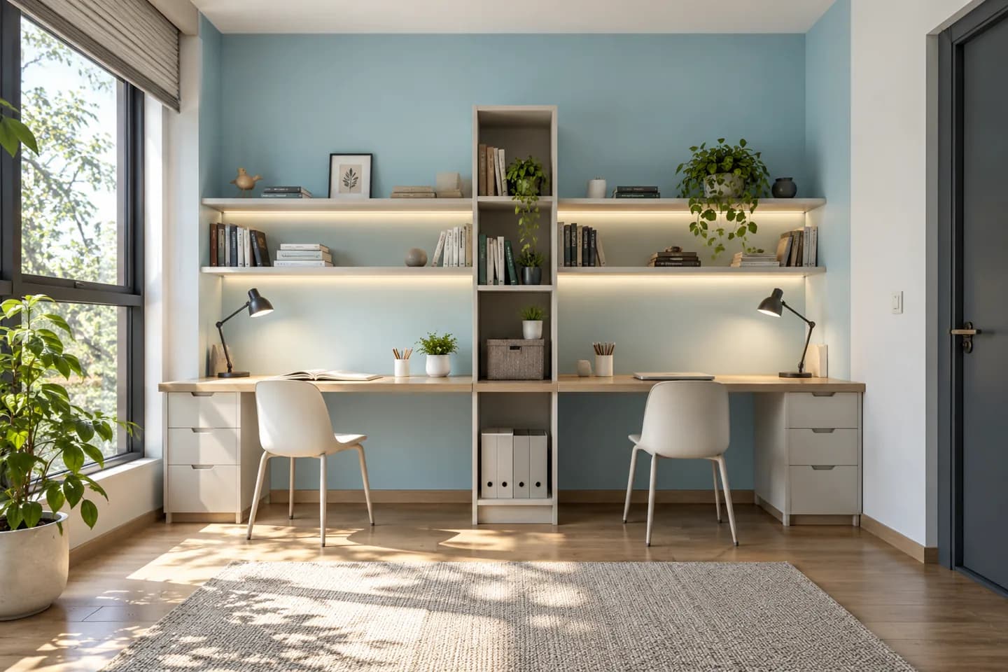 Phối cảnh AI gợi ý bố cục phòng học cho hai người. Màu ảnh tham khảo, cần đối chiếu mẫu KOVA AP74-1.