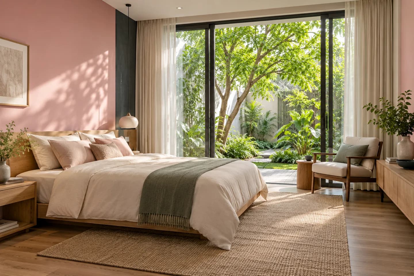 Phối cảnh AI gợi ý bố cục phòng ngủ nhìn sân cây. Màu ảnh tham khảo, cần đối chiếu mẫu KOVA AP92-2.
