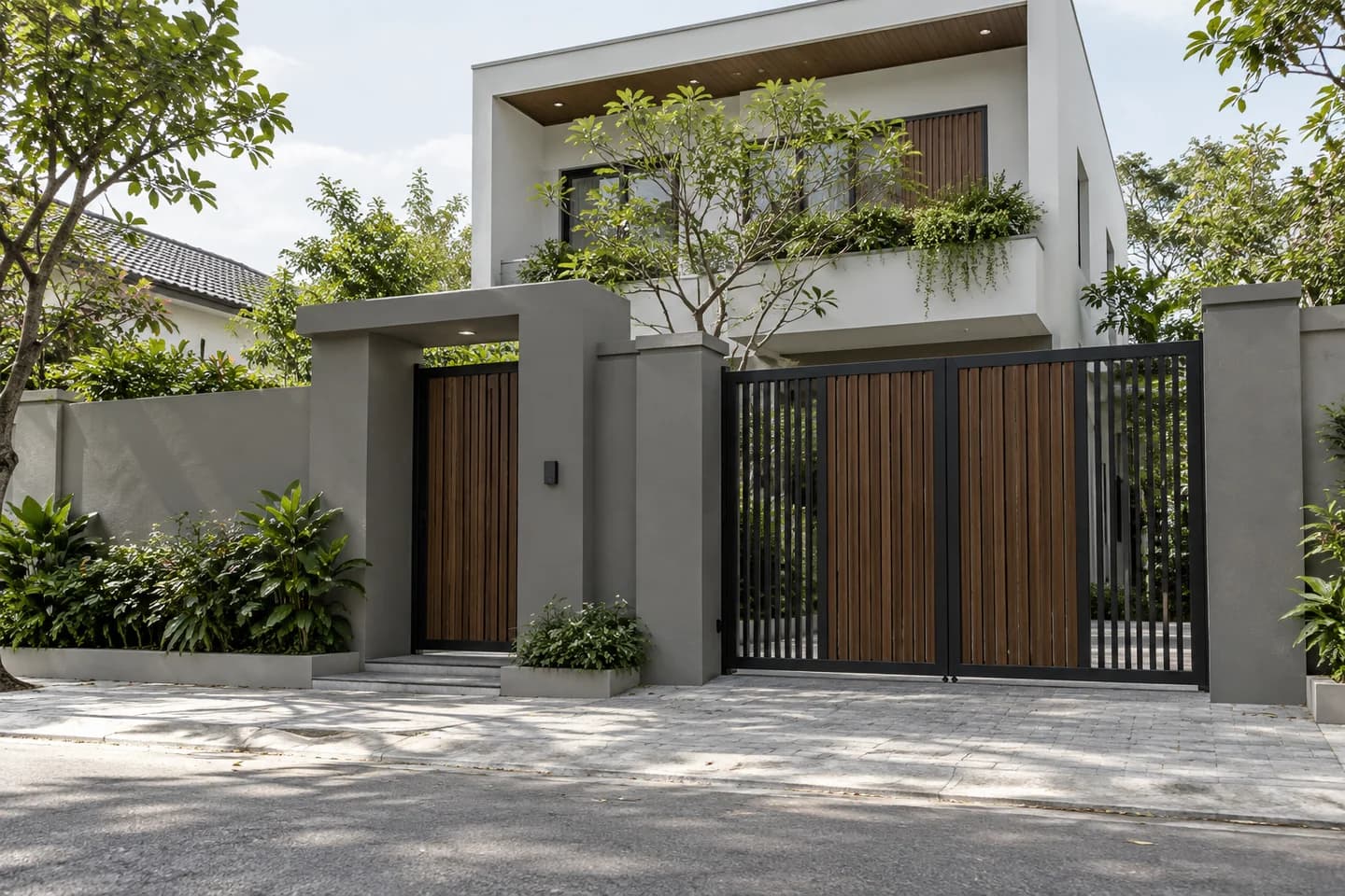 Phối cảnh minh họa: nhà có tường rào xây, gợi ý màu Nippon NP N 2039T Leaping Gray