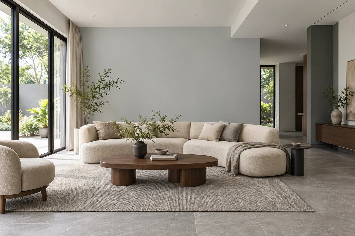Phối cảnh minh họa: phòng khách hiện đại, gợi ý màu Nippon NP N 2985P Gray Eyes