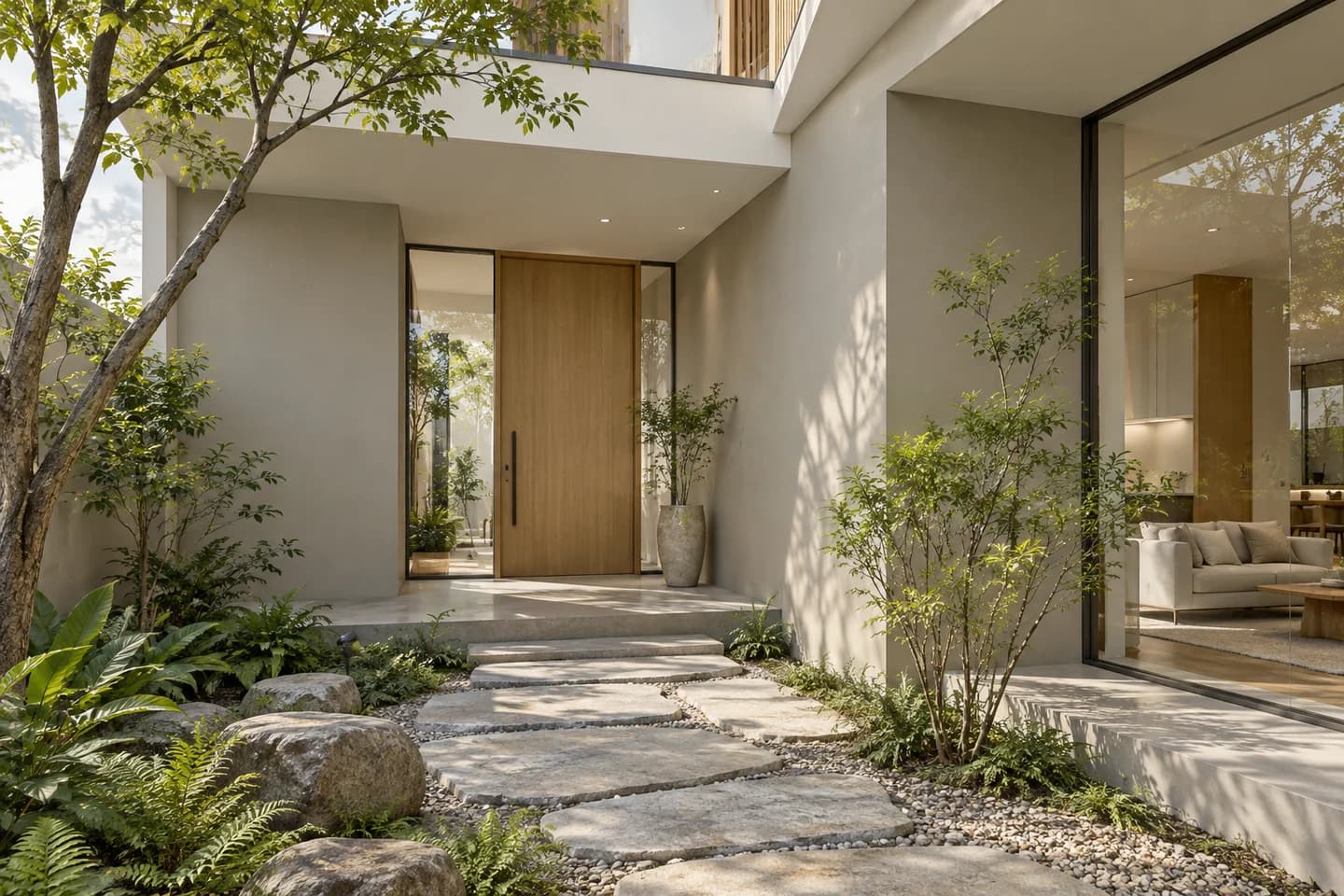 Phối cảnh minh họa: nhà có lối đi đá, gợi ý màu Nippon NP N 3026P Chic Gray