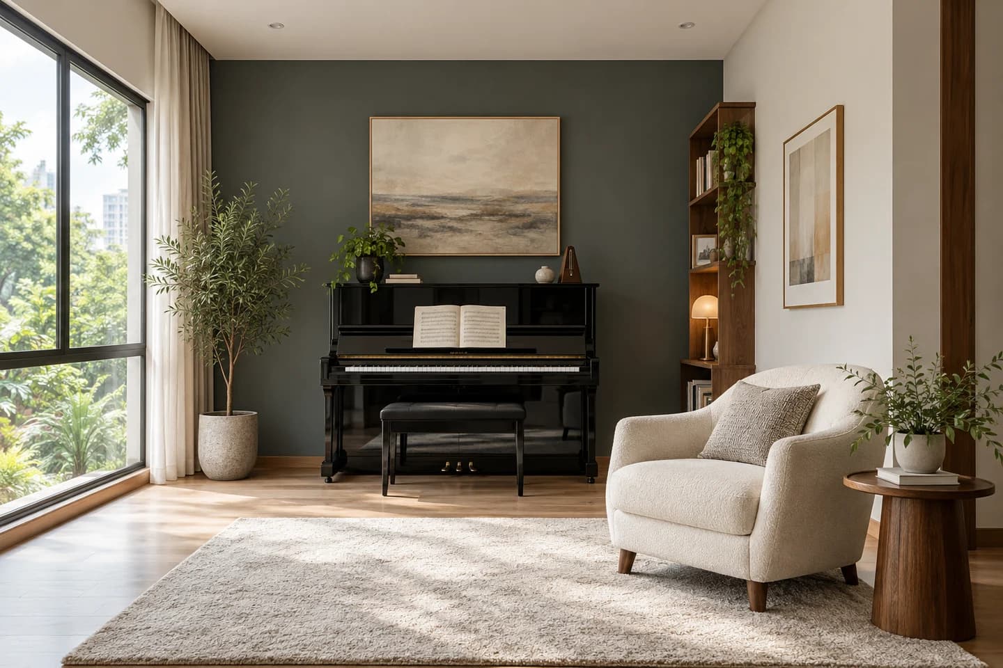 Phối cảnh minh họa: phòng nghe nhạc, gợi ý màu Nippon NP N 3040D Gray Slate