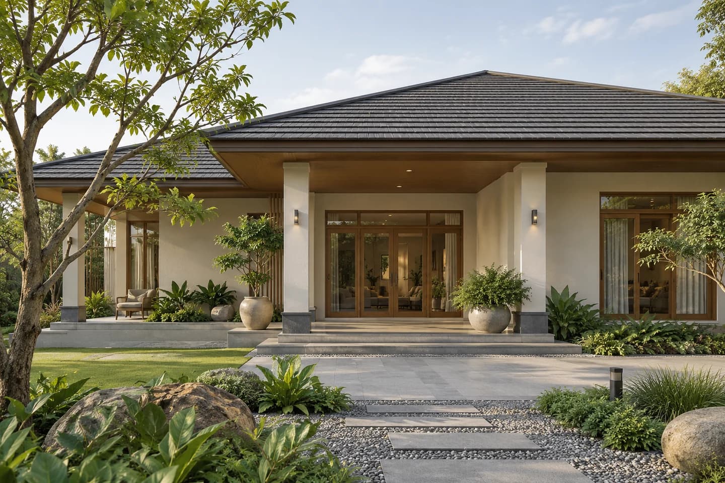 Phối cảnh minh họa: nhà vườn khối ngang, gợi ý màu Nippon NP N 3234P Sahara
