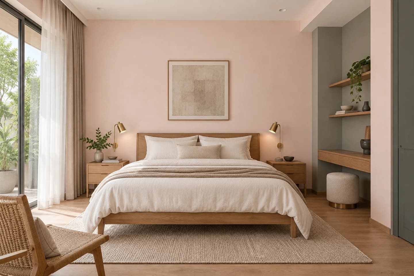 Phối cảnh minh họa: phòng ngủ hồng nhẹ, gợi ý màu Nippon NP OW 1038P Penelope Pink