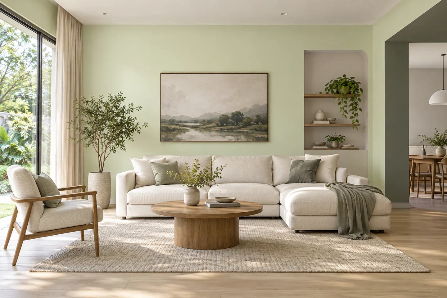 Phối cảnh minh họa: phòng khách ít đồ, gợi ý màu Nippon NP OW 1074P Green Whimsey