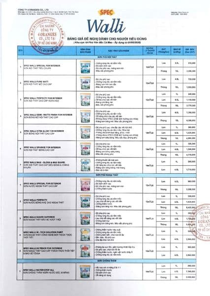 Bảng giá đề nghị SPEC Walli – trang 1