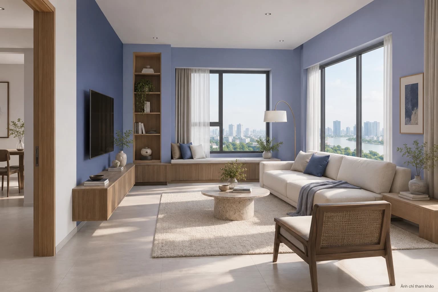 Jotun S 3030-R70B — Phòng khách căn góc — ghế băng và kệ mở. Nội thất. Ảnh chỉ tham khảo; không xác nhận màu sơn thực tế.