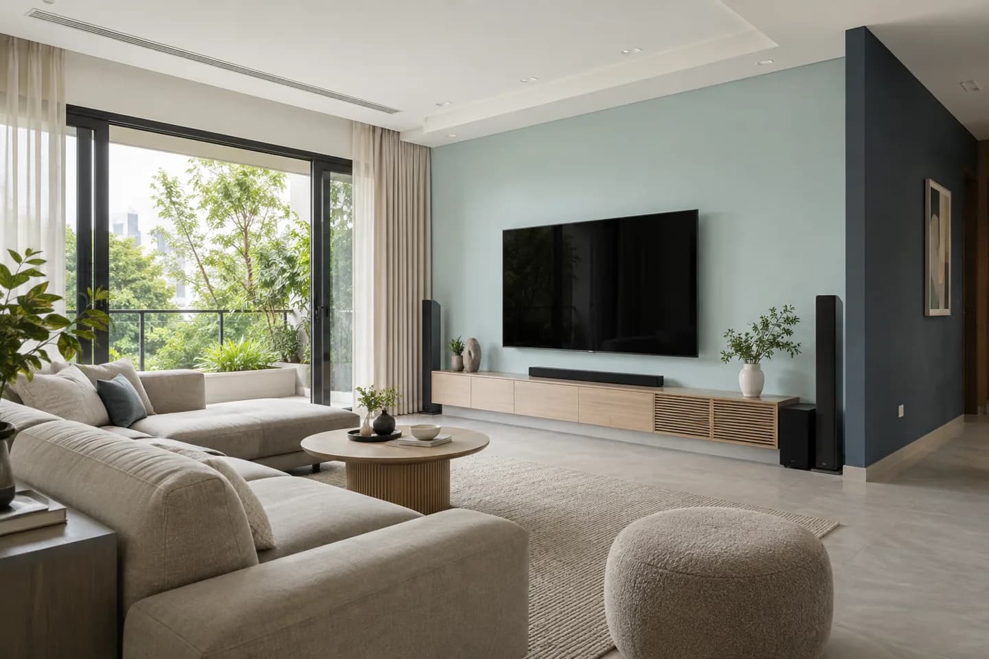 Phối cảnh AI gợi ý bố cục phòng xem phim gia đình. Màu ảnh tham khảo, cần đối chiếu mẫu KOVA AP10-2.
