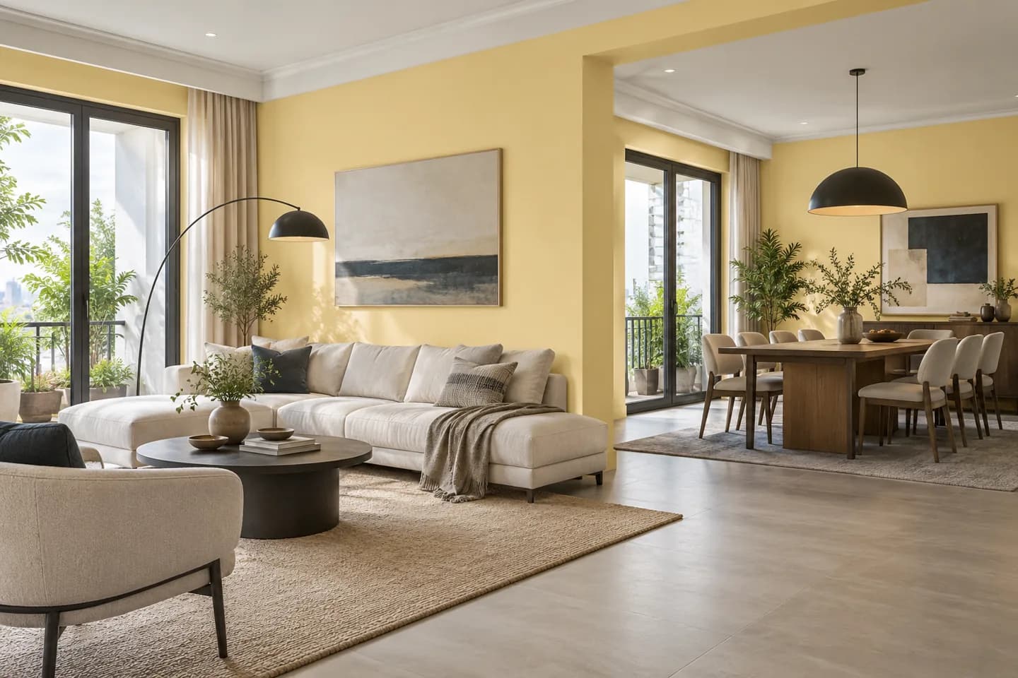 Phối cảnh AI gợi ý bố cục không gian khách và ăn. Màu ảnh tham khảo, cần đối chiếu mẫu KOVA AP104-2.
