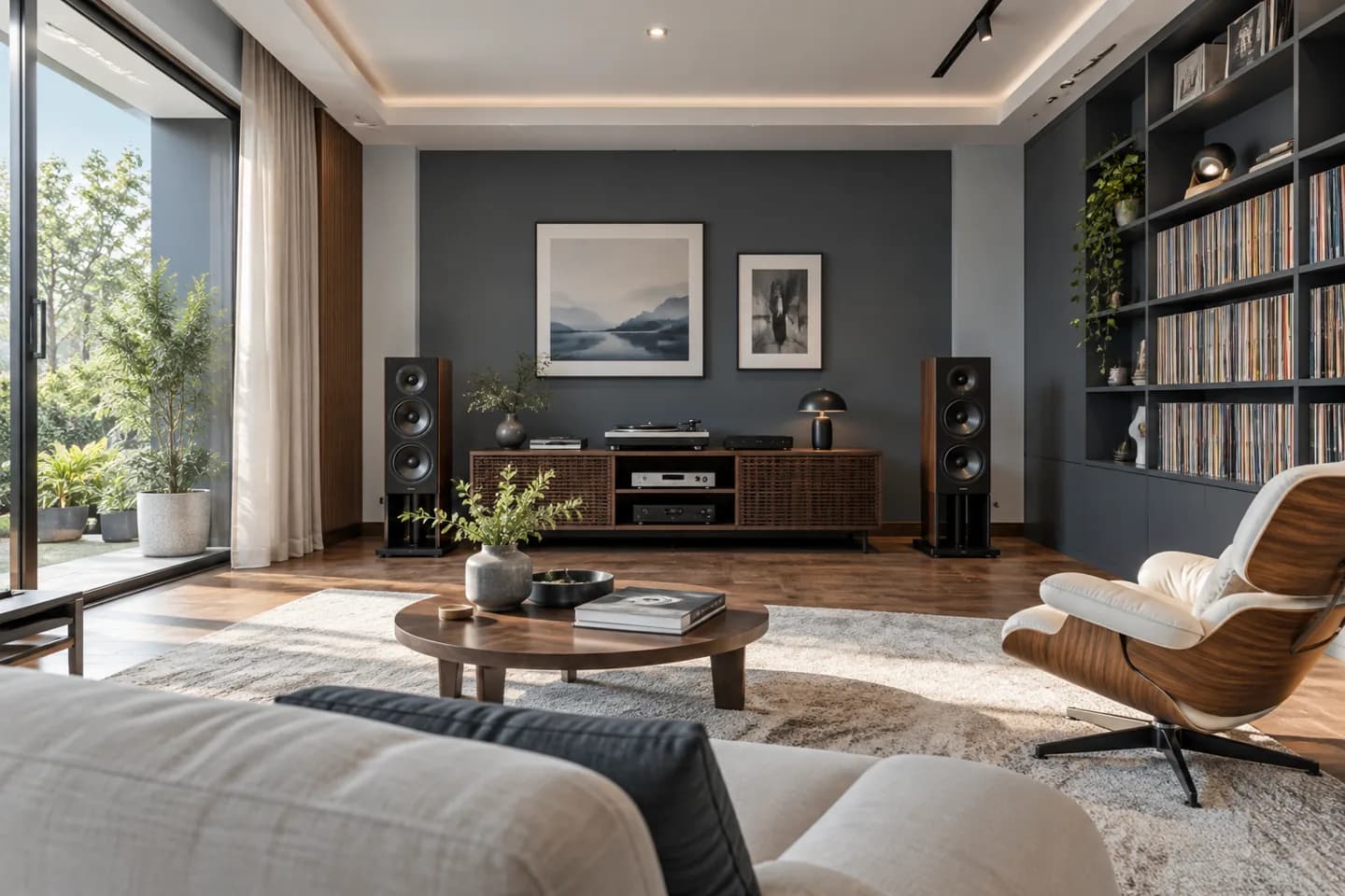 Phối cảnh AI gợi ý bố cục phòng nghe nhạc. Màu ảnh tham khảo, cần đối chiếu mẫu KOVA AP19-2.