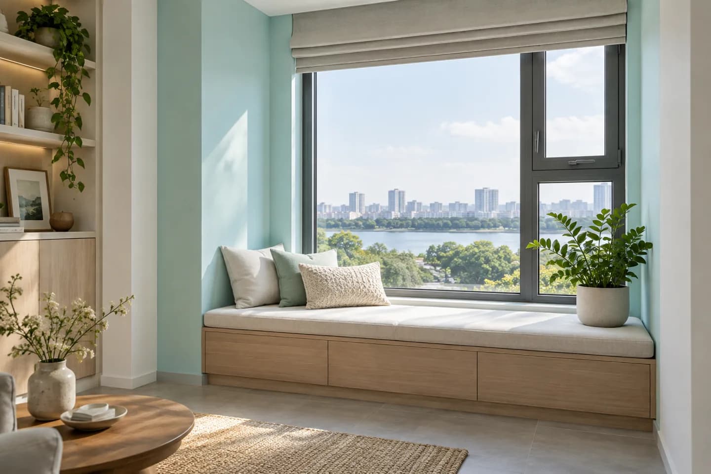 Phối cảnh AI gợi ý bố cục góc ngồi bên cửa sổ. Màu ảnh tham khảo, cần đối chiếu mẫu KOVA AP20-1.