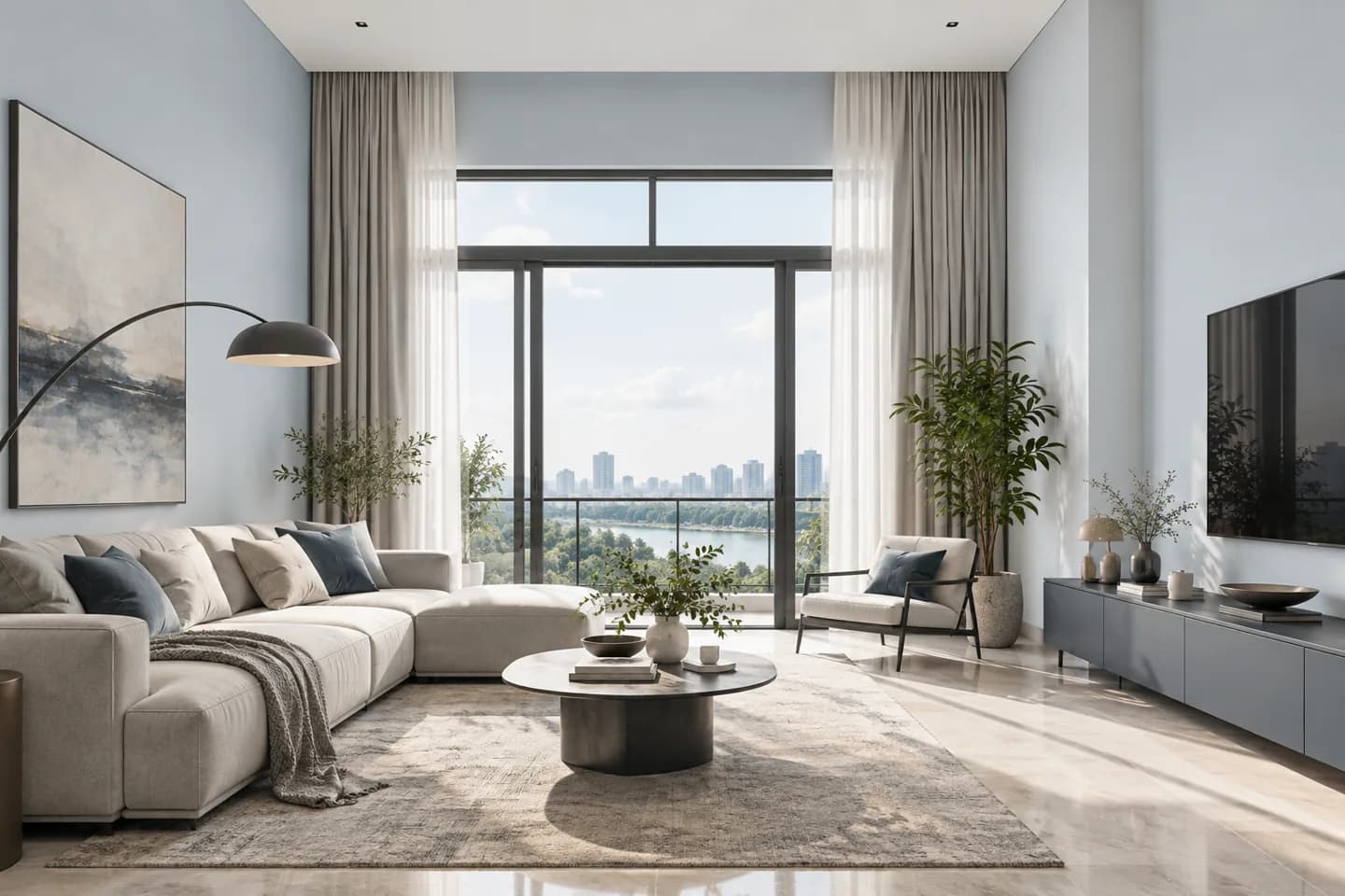 Phối cảnh AI gợi ý bố cục phòng khách trần 2,7 m. Màu ảnh tham khảo, cần đối chiếu mẫu KOVA AP9-6.
