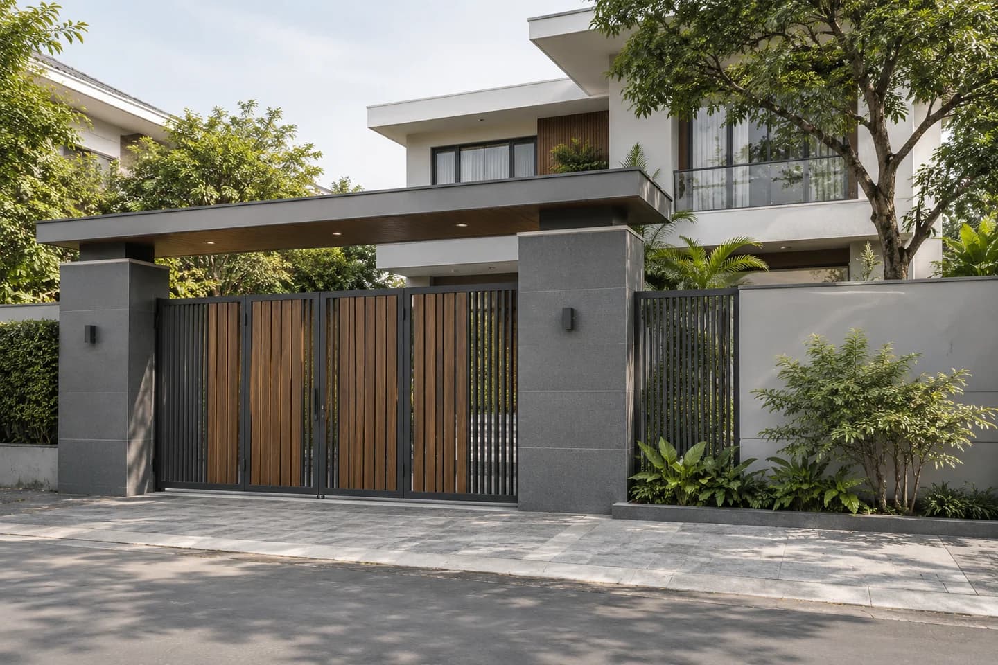Phối cảnh minh họa: nhà có cổng xây lớn, gợi ý màu Nippon NP N 1990T Liberty Gray