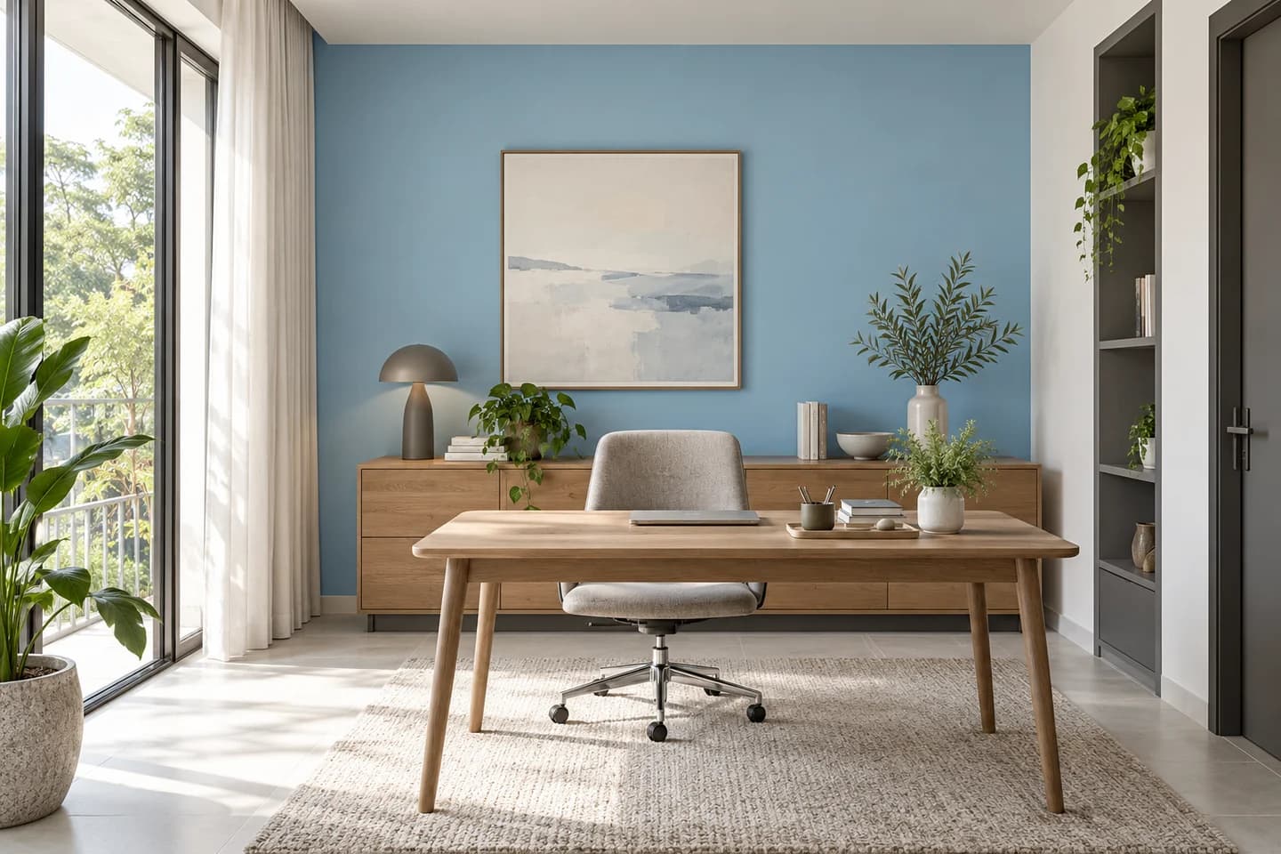 Phối cảnh minh họa: phòng làm việc có tủ sách, gợi ý màu Nippon NP PB 2823P North Blue
