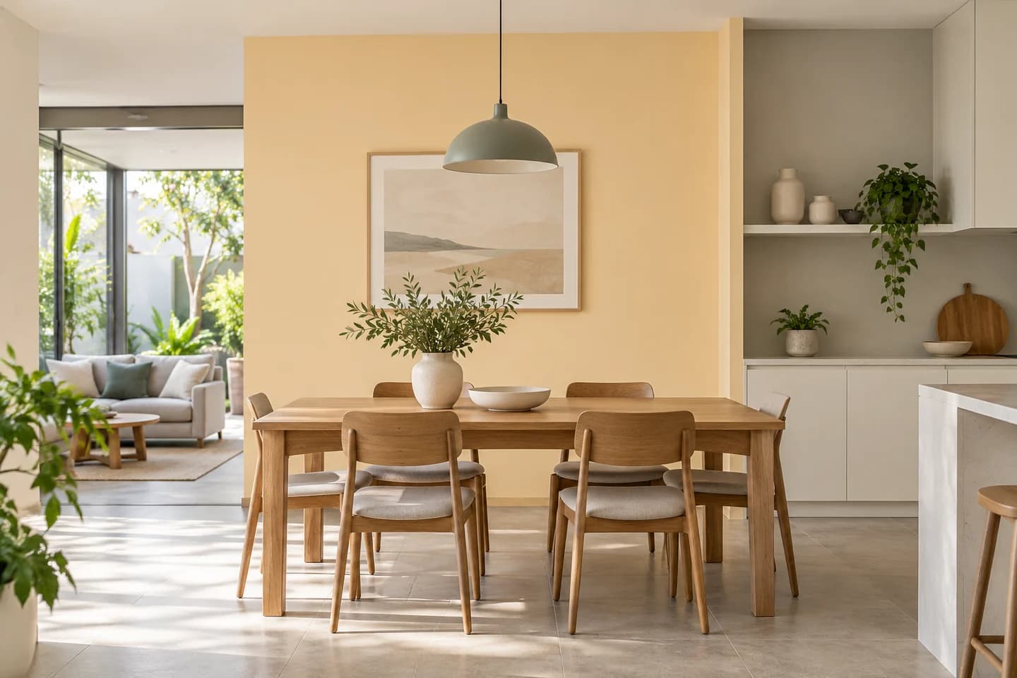 Phối cảnh minh họa: phòng ăn đón khách, gợi ý màu Nippon NP YO 1172P Star Magnolia