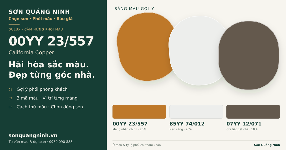 Dulux 00YY 23/557 California Copper · Phòng khách · Bộ phối 00YY 23/557 + 85YY 74/012 + 07YY 12/071. Bảng màu gợi ý; ảnh chỉ tham khảo.