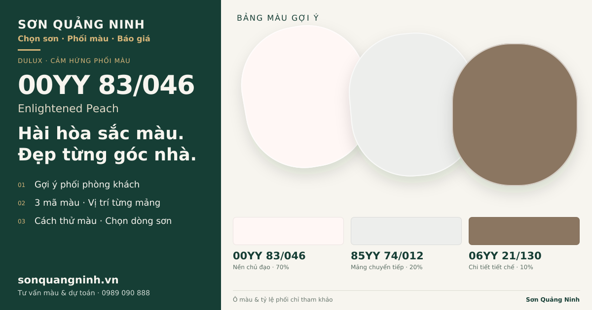 Dulux 00YY 83/046 Enlightened Peach · Phòng khách · Bộ phối 00YY 83/046 + 85YY 74/012 + 06YY 21/130. Bảng màu gợi ý; ảnh chỉ tham khảo.